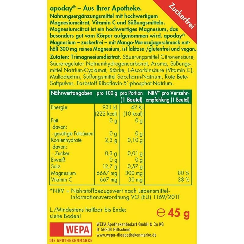 APODAY Magnesium Mango-Maracuja zuckerfrei Pulver