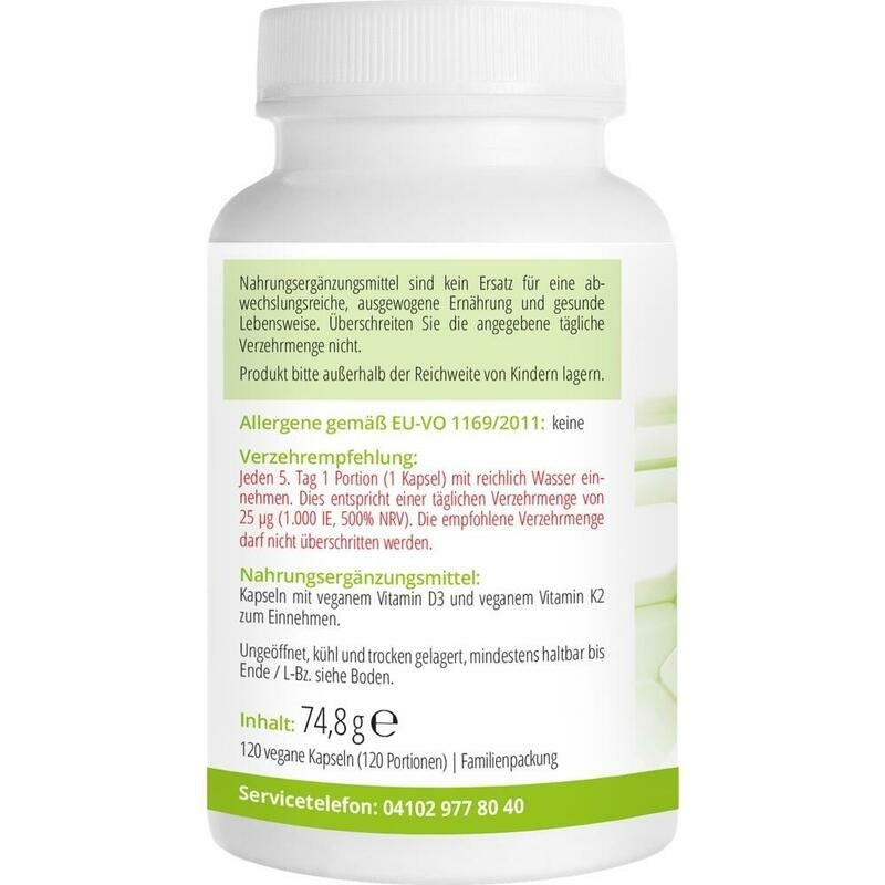 VITAMIN D3 5.000 I.E.+K2 MK7 200 μg vegan Kapseln